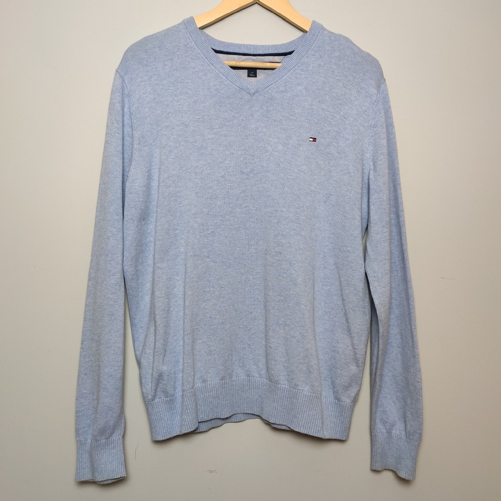 Tommy Hilfiger V-Neck Heathered Knit Pullover Sweater Light Blue Large